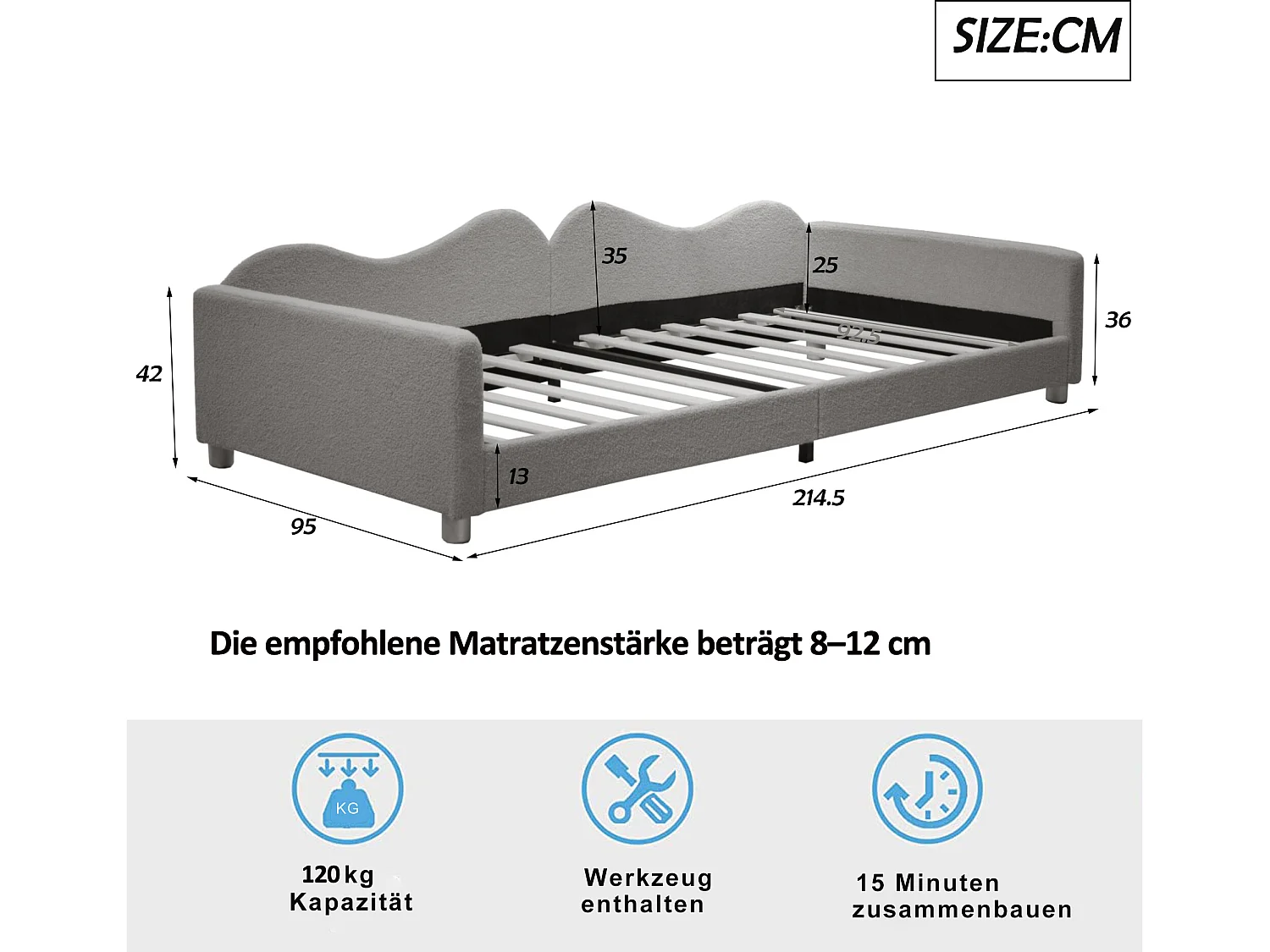 Lit banquette capitonné - 90 x 200 cm - 2 tiroirs - tissu peluche - sommier à lattes -  pour enfant ou bébé - gris