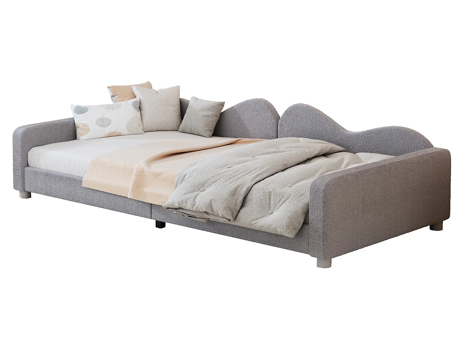 Lit banquette capitonné - 90 x 200 cm - 2 tiroirs - tissu peluche - sommier à lattes -  pour enfant ou bébé - gris