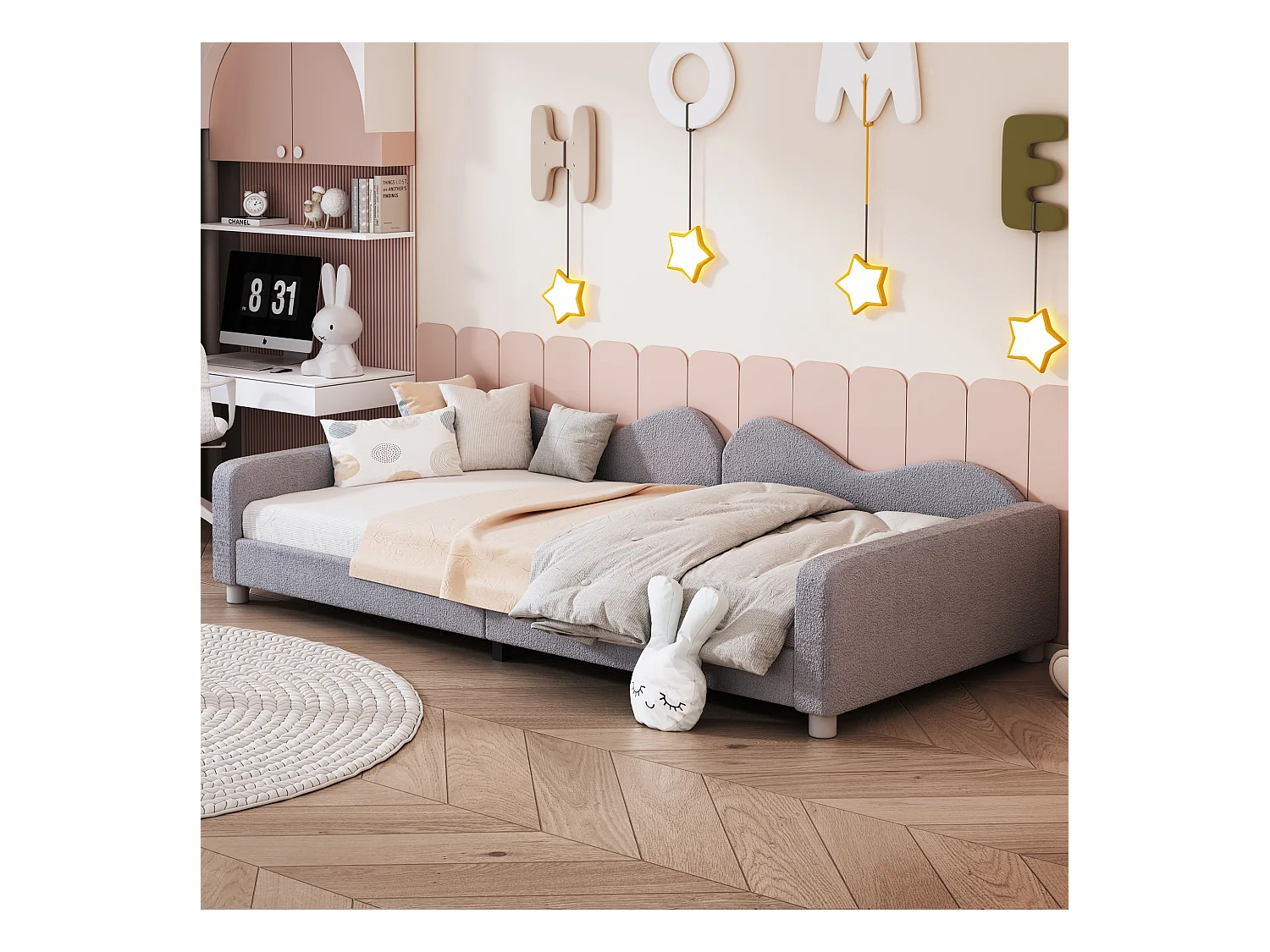 Lit banquette capitonné - 90 x 200 cm - 2 tiroirs - tissu peluche - sommier à lattes -  pour enfant ou bébé - gris