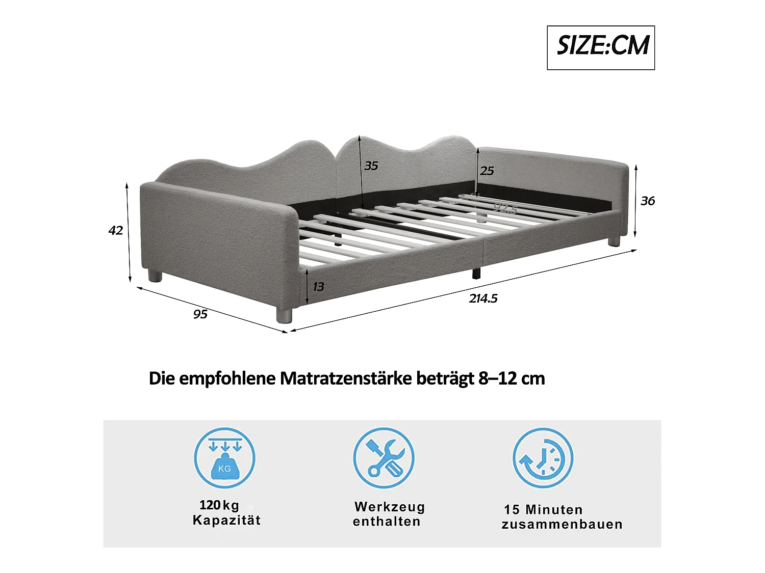 Gestoffeerde slaapbank - 90 x 200 cm - 2 lades - pluche stof - lattenbodem - voor kinderen of baby's - grijs