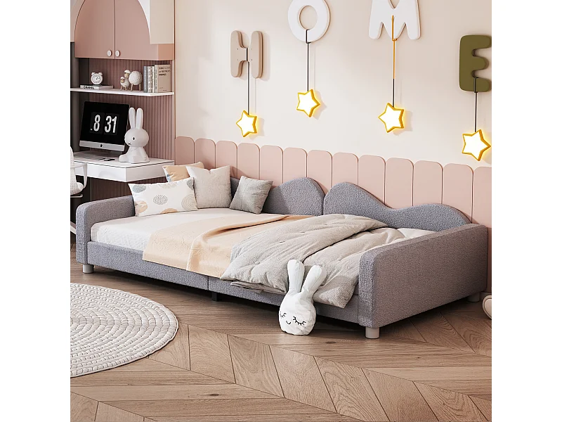 Sofá cama tapizado - 90 x 200 cm - 2 cajones - tejido afelpado - somier de láminas - para niños o bebés - gris