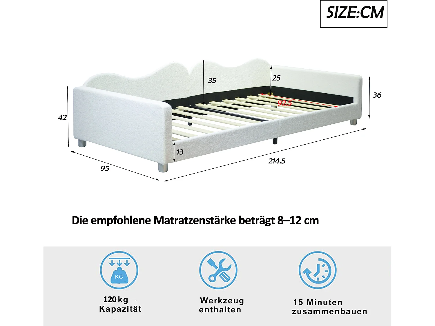 Gestoffeerde slaapbank - 90 x 200 cm - 2 lades - pluche stof - lattenbodem - voor kinderen of baby's - wit