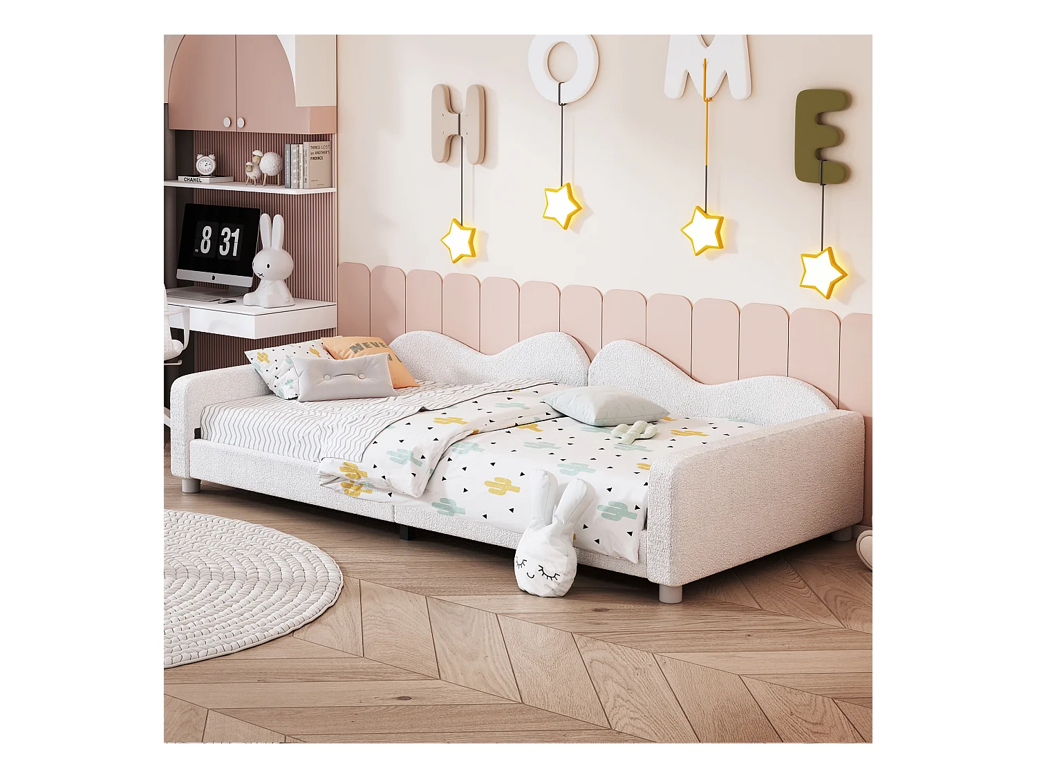 Lit banquette capitonné - 90 x 200 cm - 2 tiroirs - tissu peluche - sommier à lattes -  pour enfant ou bébé - blanc