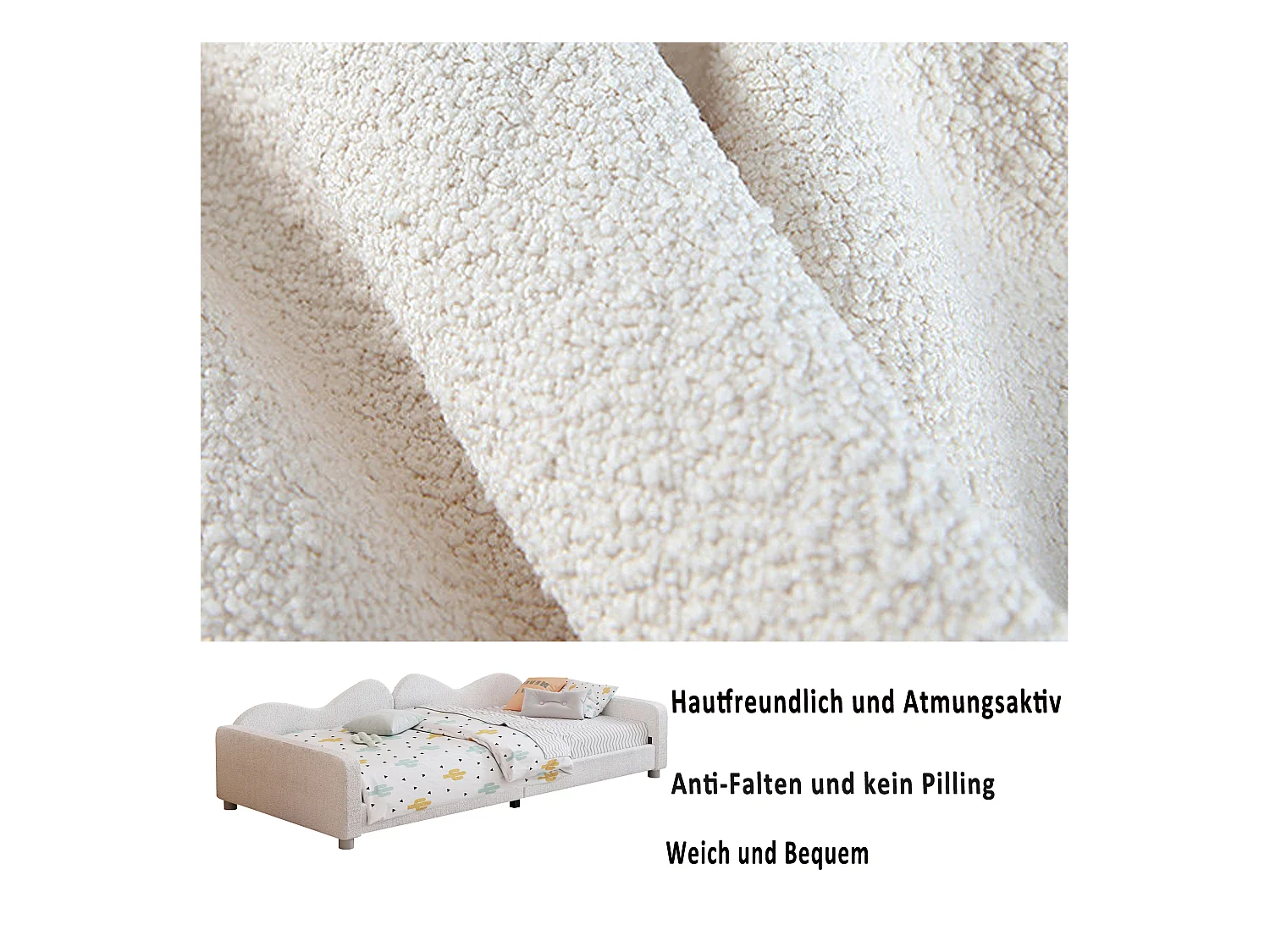 Cama de día tapizada - 90 x 200 cm - 2 cajones - tejido afelpado - somier de láminas - para niños o bebés - blanco