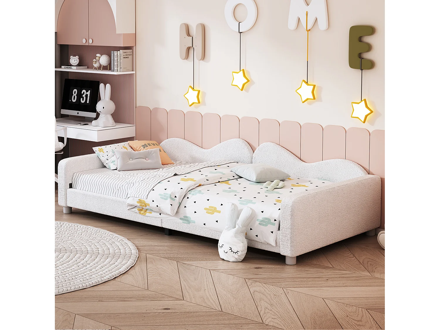 Lit banquette capitonné - 90 x 200 cm - 2 tiroirs - tissu peluche - sommier à lattes -  pour enfant ou bébé - blanc