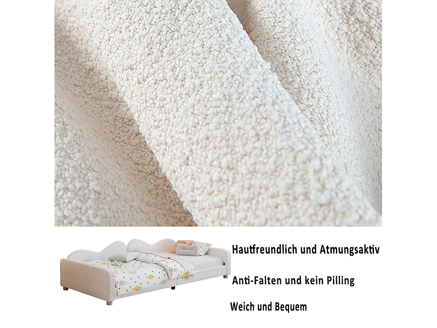 Lit banquette capitonné - 90 x 200 cm - 2 tiroirs - tissu peluche - sommier à lattes -  pour enfant ou bébé - blanc