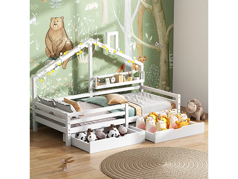 Kajuitbed 90 x 200 cm met 2 lades en opbergplank, lattenbodem, wit