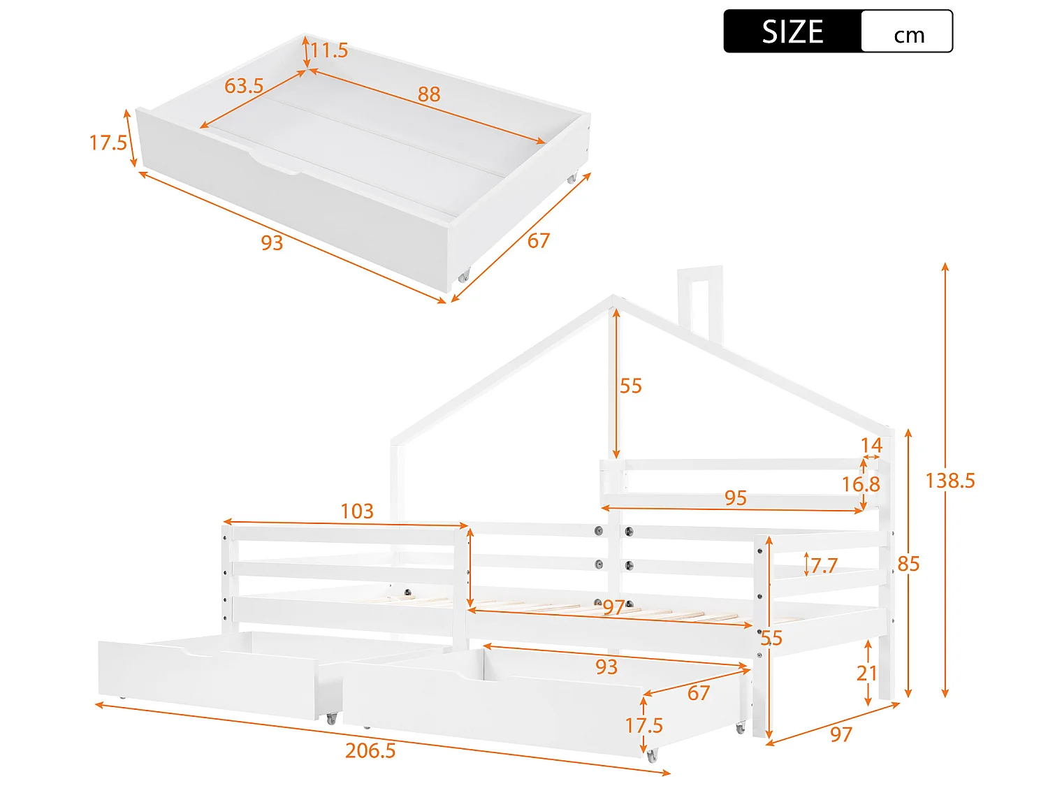 Kajuitbed 90 x 200 cm met 2 lades en opbergplank, lattenbodem, wit