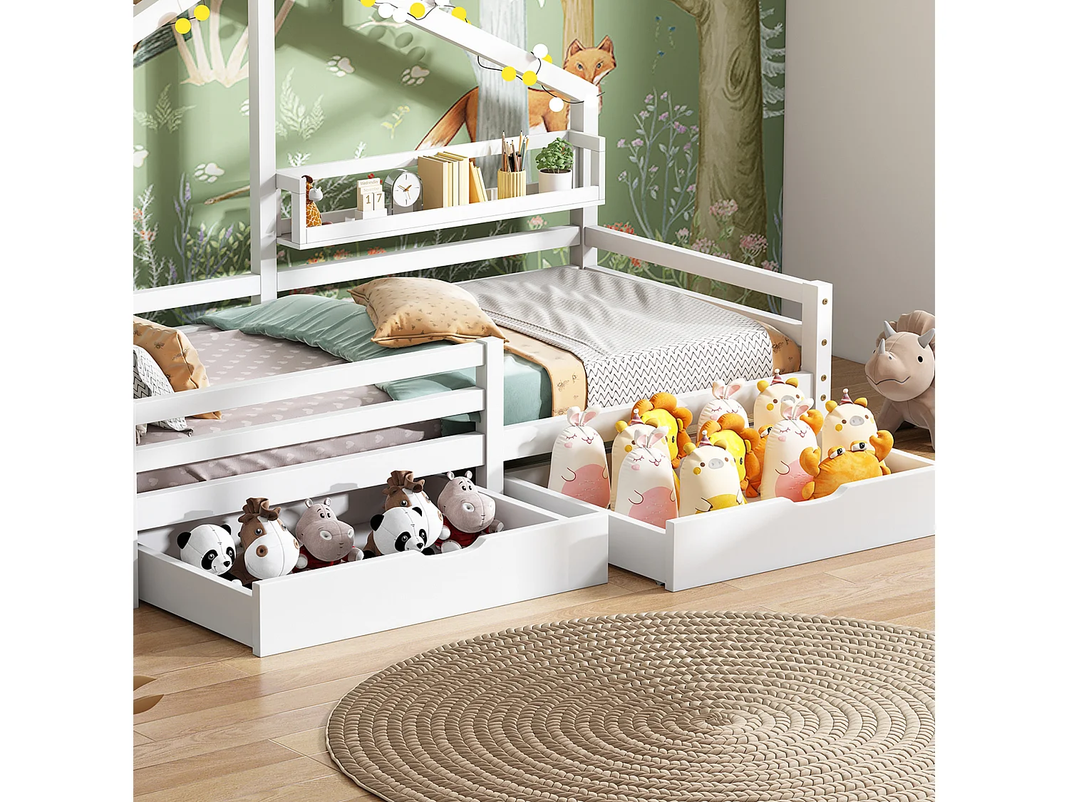 Lit cabane 90 x 200 cm avec 2 tiroirs et étagère de rangement, sommier à lattes, blanc