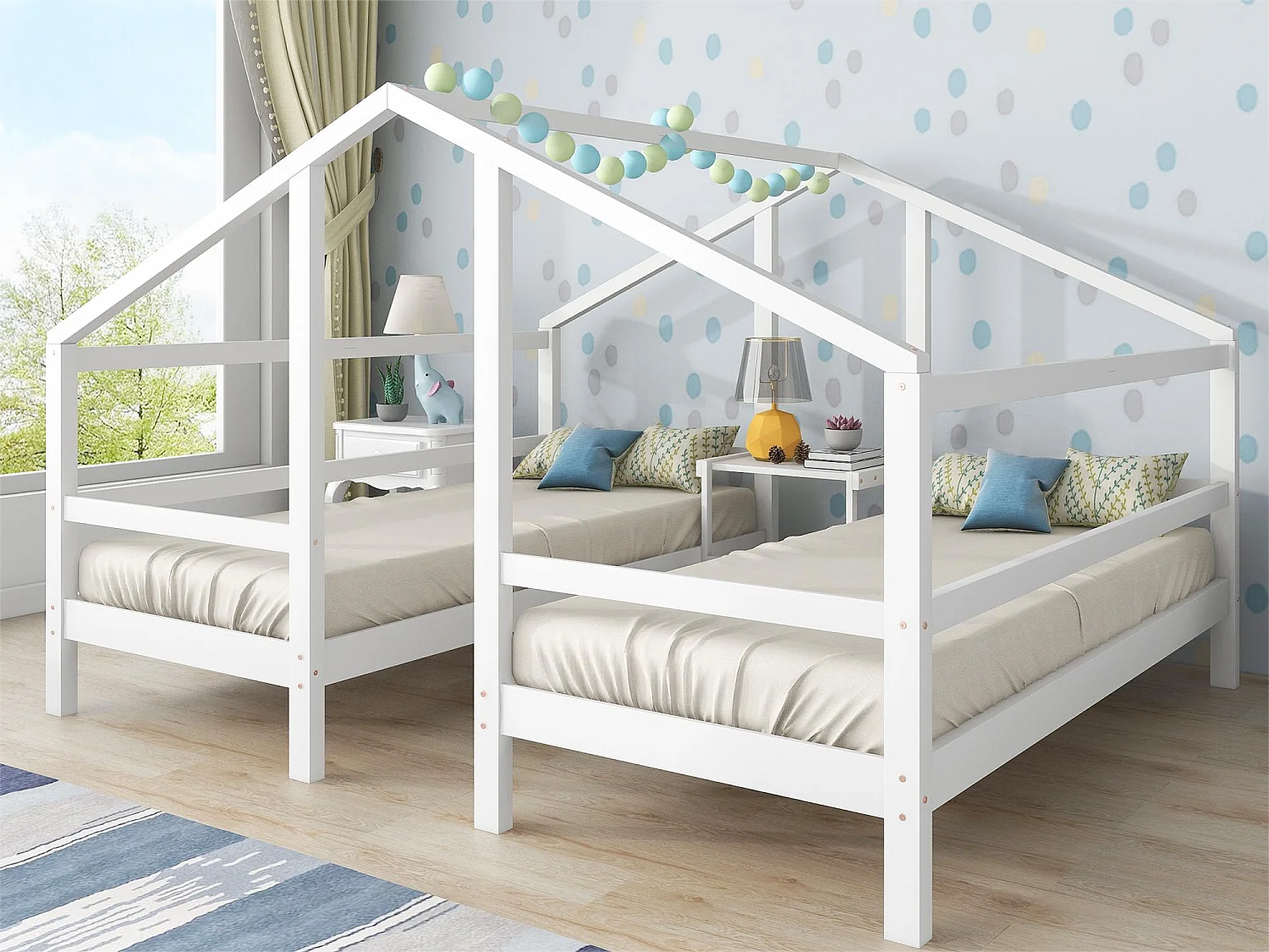 2-zits kajuitbed met nachtkastje - 2 x 90 x 200 cm - massief hout - lattenbodem - wit