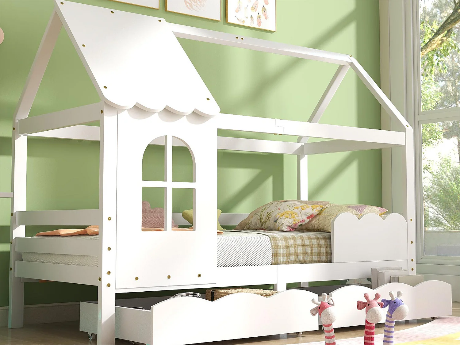 Lit cabane - 90 x 200 cm - bois massif - sommier à lattes - blanc