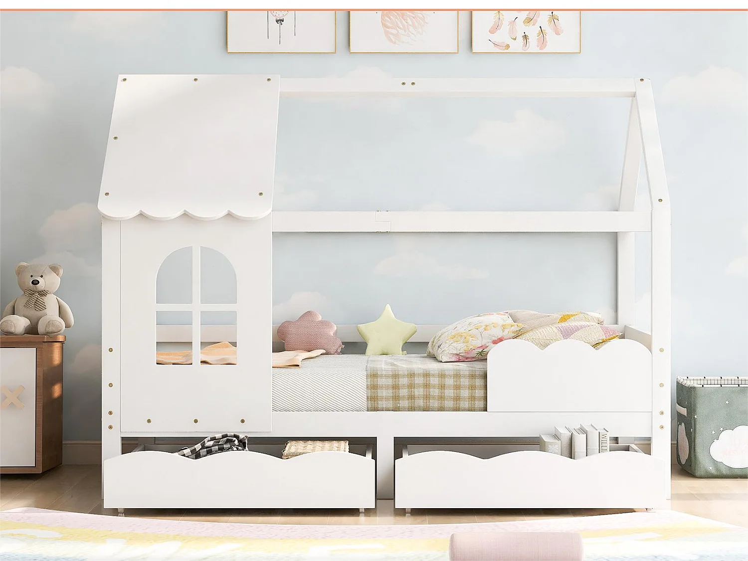 Lit cabane - 90 x 200 cm - bois massif - sommier à lattes - blanc