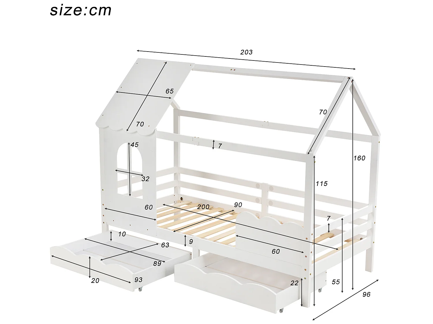 Lit cabane - 90 x 200 cm - bois massif - sommier à lattes - blanc