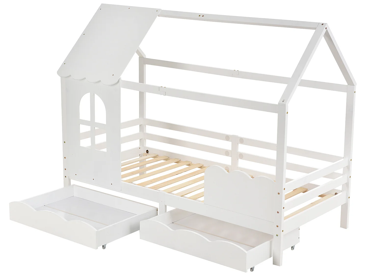 Lit cabane - 90 x 200 cm - bois massif - sommier à lattes - blanc