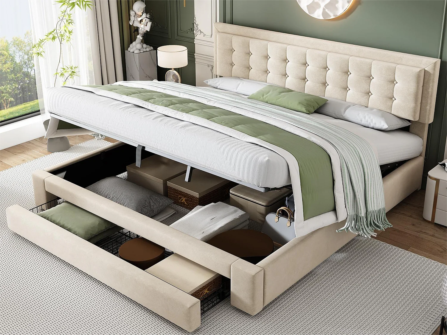 Opbergbed 180 x 200 cm met opberglade - fluweel - lattenbodem - beige kleur