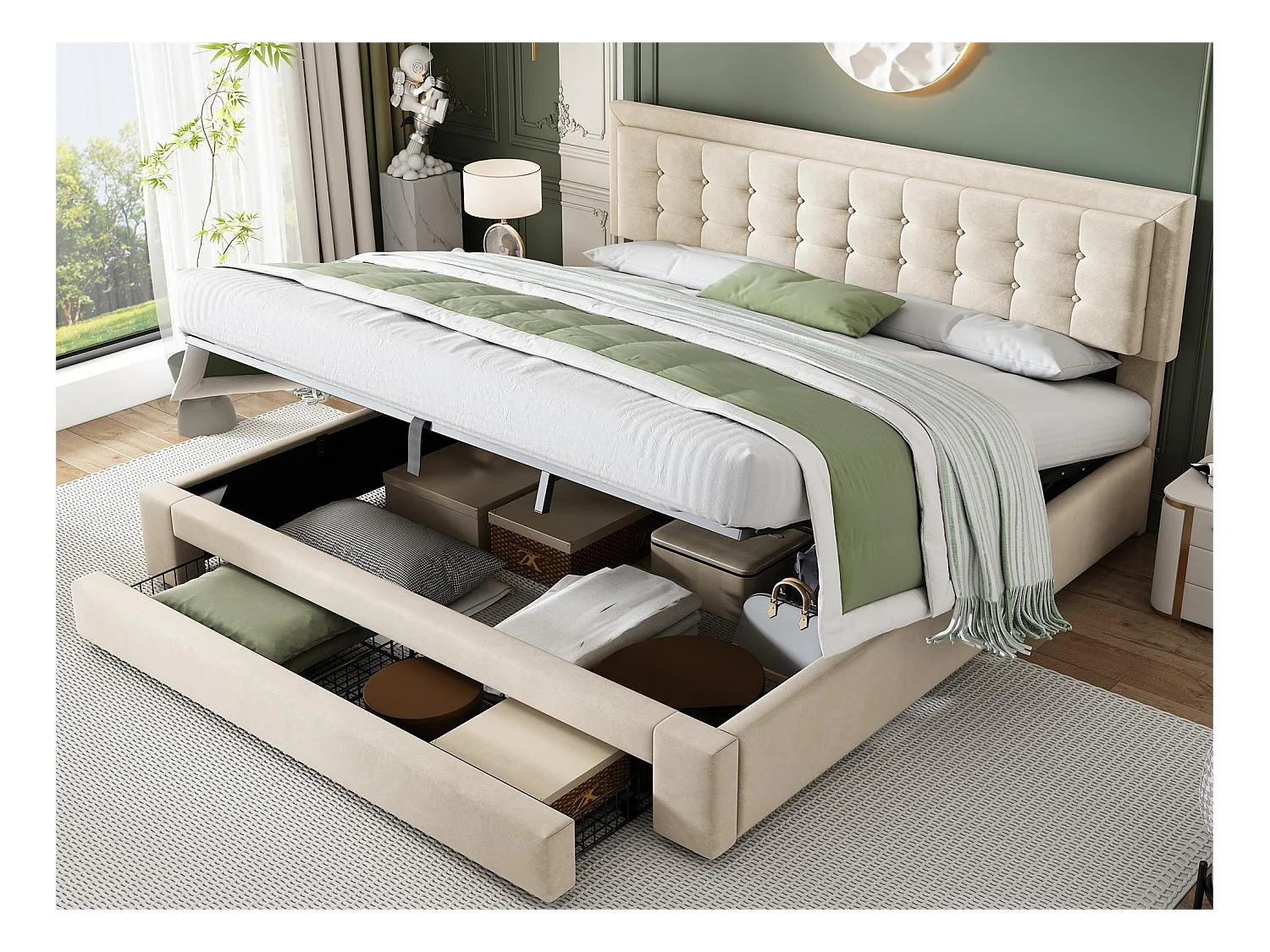 Lit coffre 180 x 200 cm avec tiroir rangement - velours - sommier à lattes - coloris beige