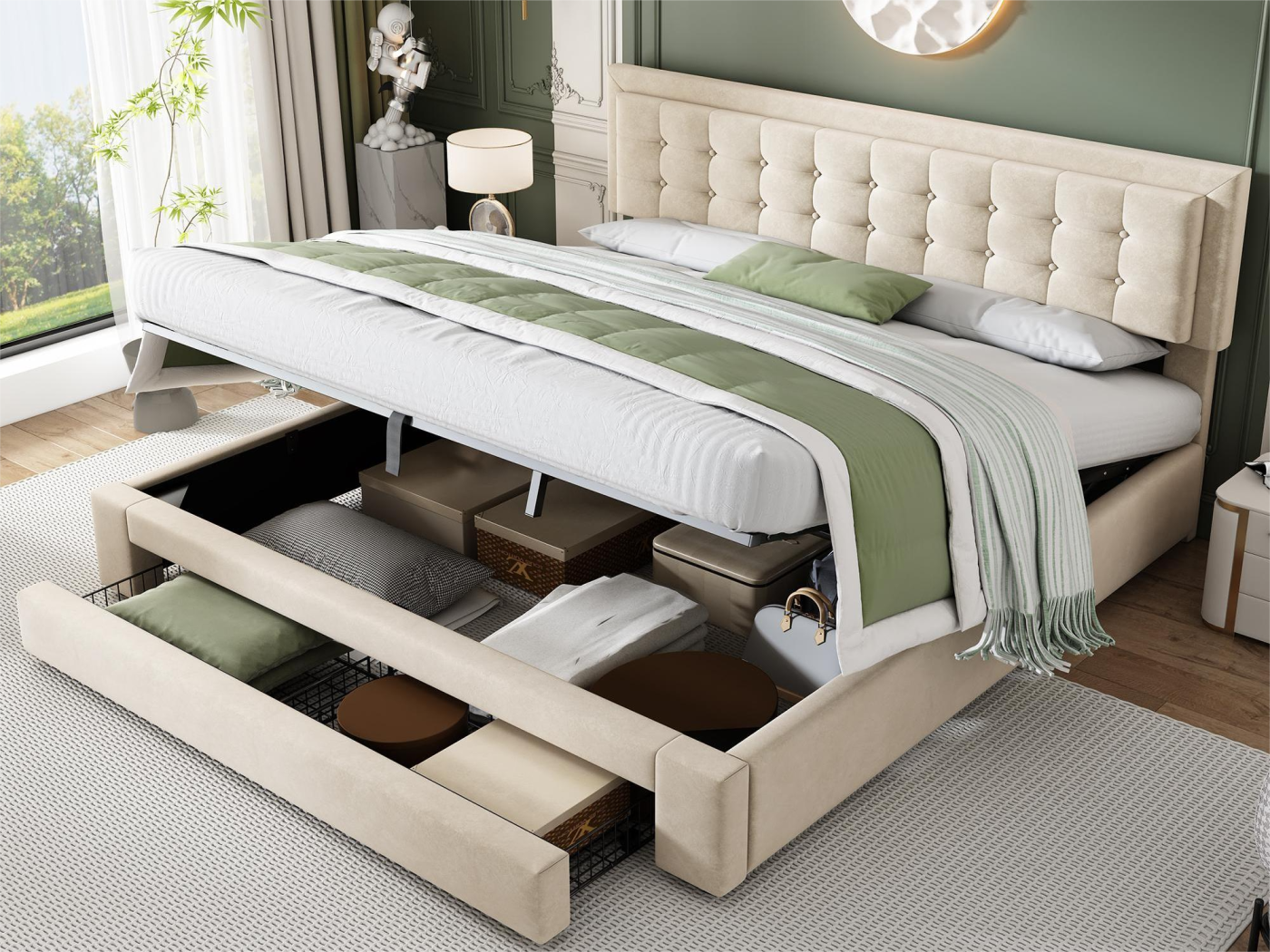 Opbergbed X Cm Met Opberglade Fluweel Lattenbodem Kleur Beige