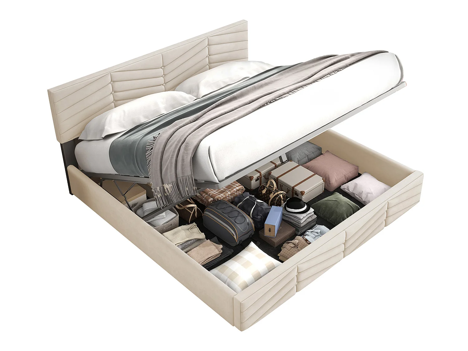 Bettkasten mit verstellbarem Kopfteil – 160 x 200 cm – Samt – Lattenrost – Farbe – Beige