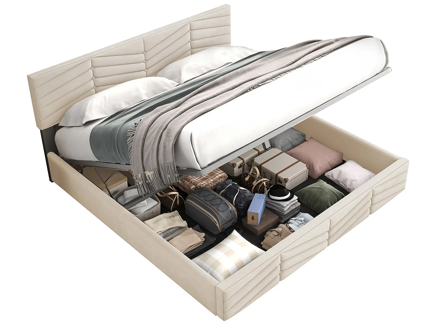 Opbergbed met verstelbaar hoofdeinde - 160 x 200 cm - fluweel - lattenbodem - kleur - beige