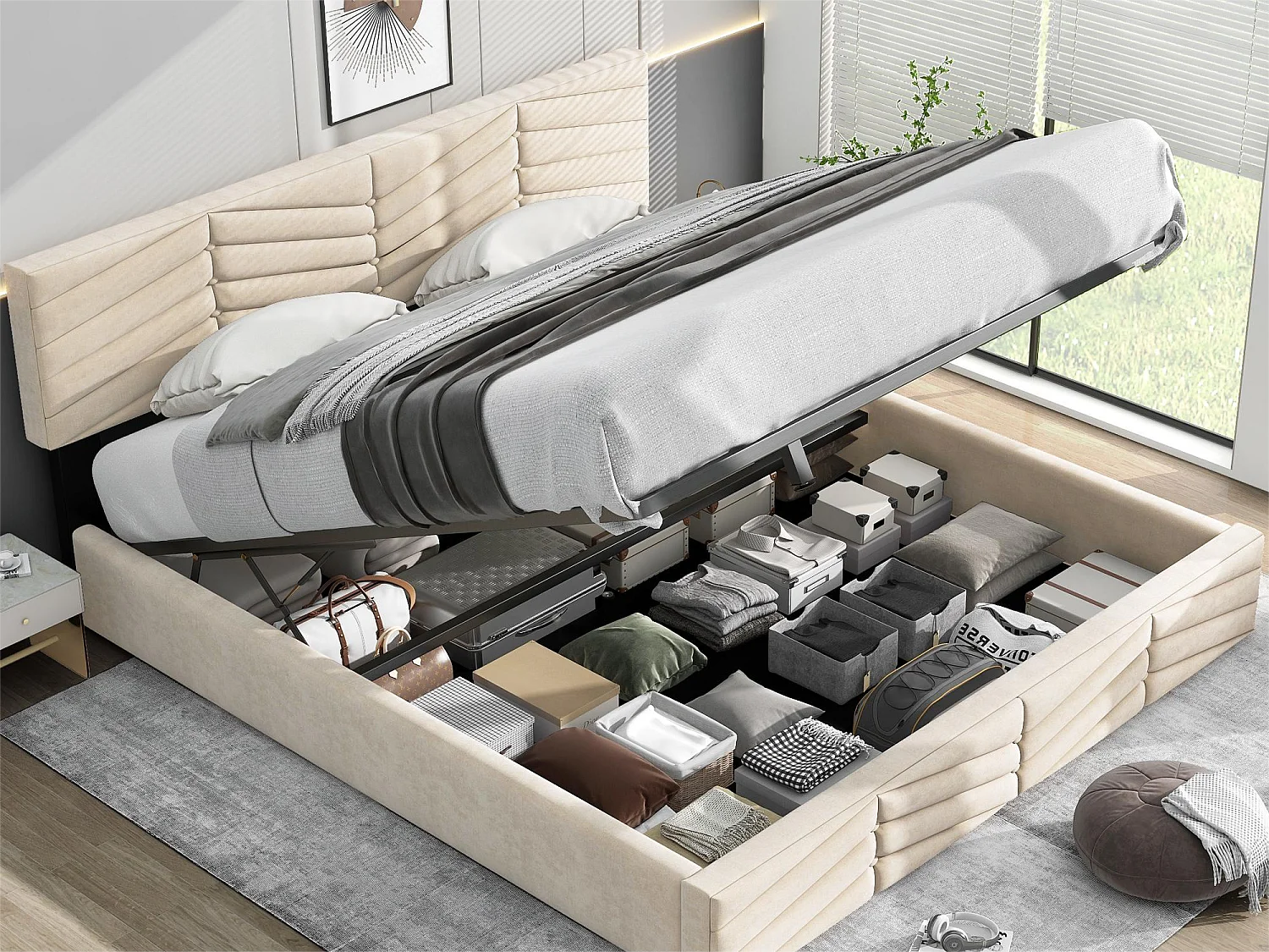 Opbergbed met verstelbaar hoofdeinde - 160 x 200 cm - fluweel - lattenbodem - kleur - beige