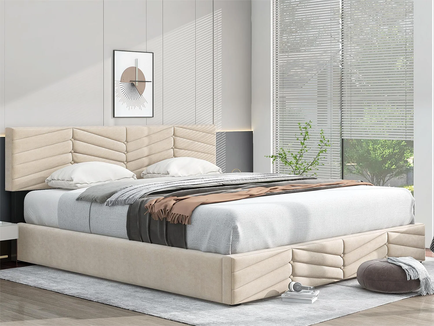 Opbergbed met verstelbaar hoofdeinde - 160 x 200 cm - fluweel - lattenbodem - kleur - beige