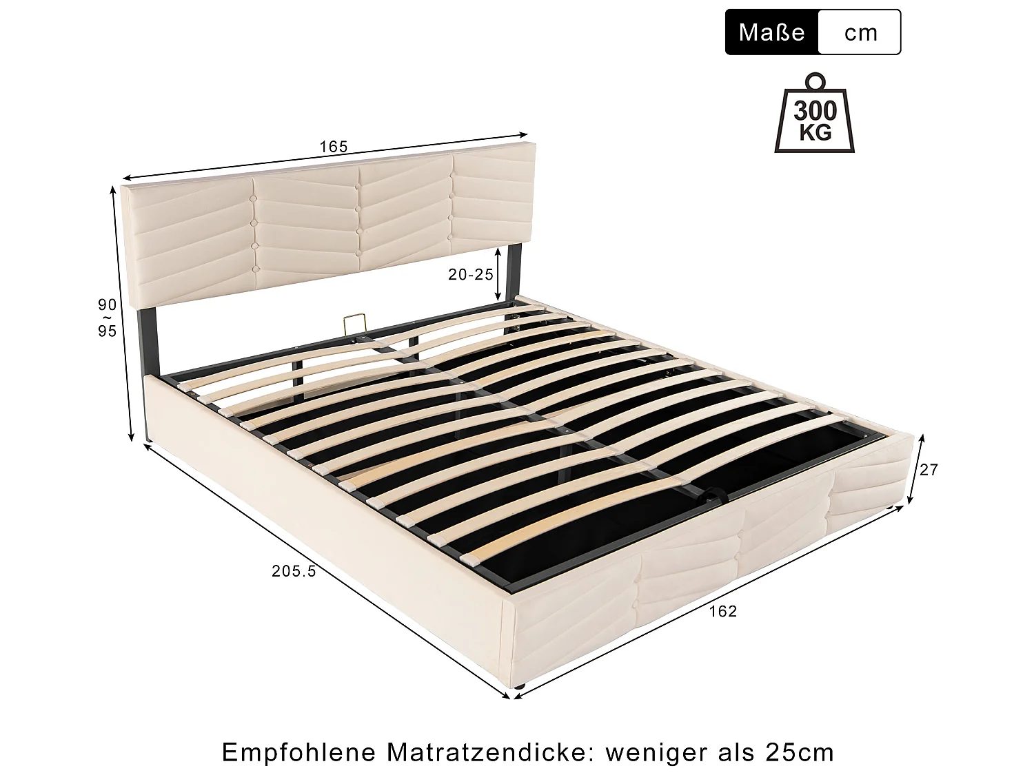 Opbergbed met verstelbaar hoofdeinde - 160 x 200 cm - fluweel - lattenbodem - kleur - beige