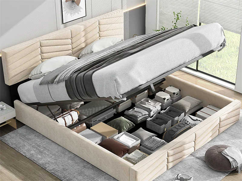 Łóżko ze schowkiem i regulowanym zagłówkiem - 160 x 200 cm - aksamit - stelaż z listew - kolor - beżowy