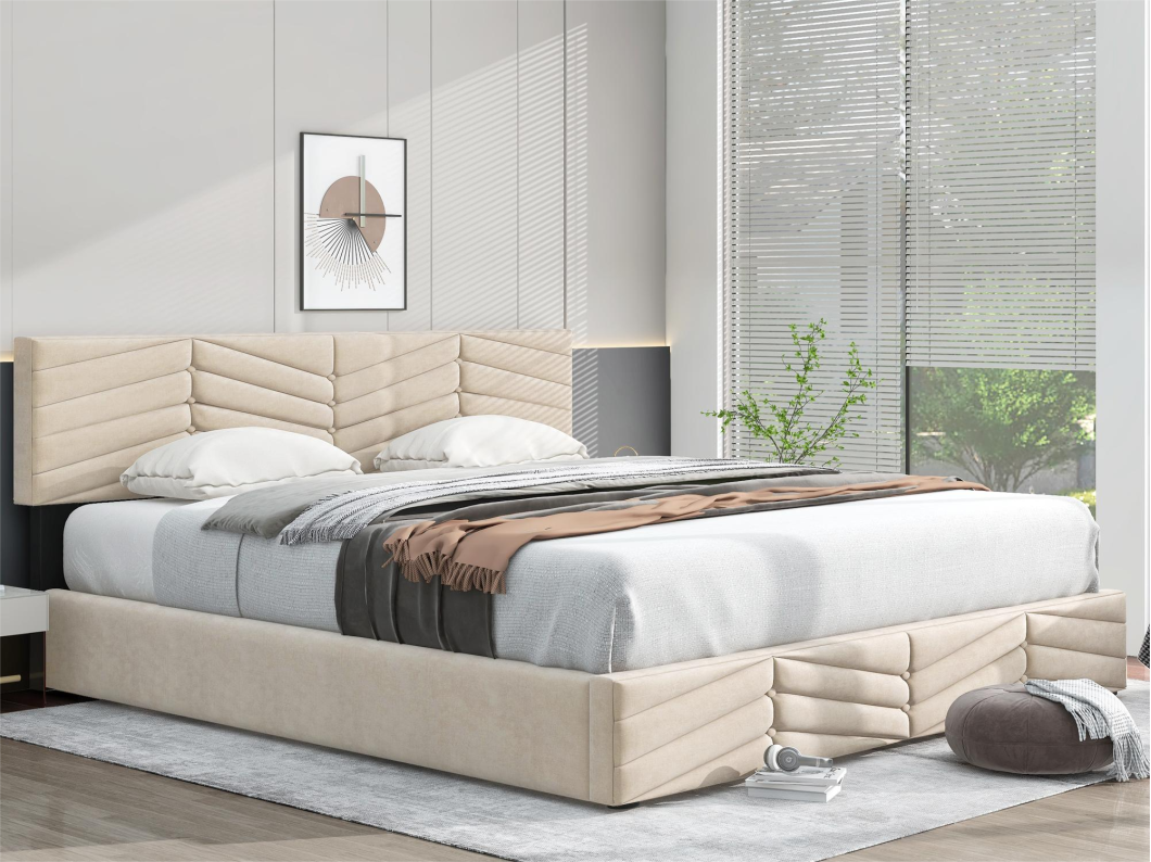 Opbergbed met verstelbaar hoofdeinde - 160 x 200 cm - fluweel - lattenbodem - kleur - beige
