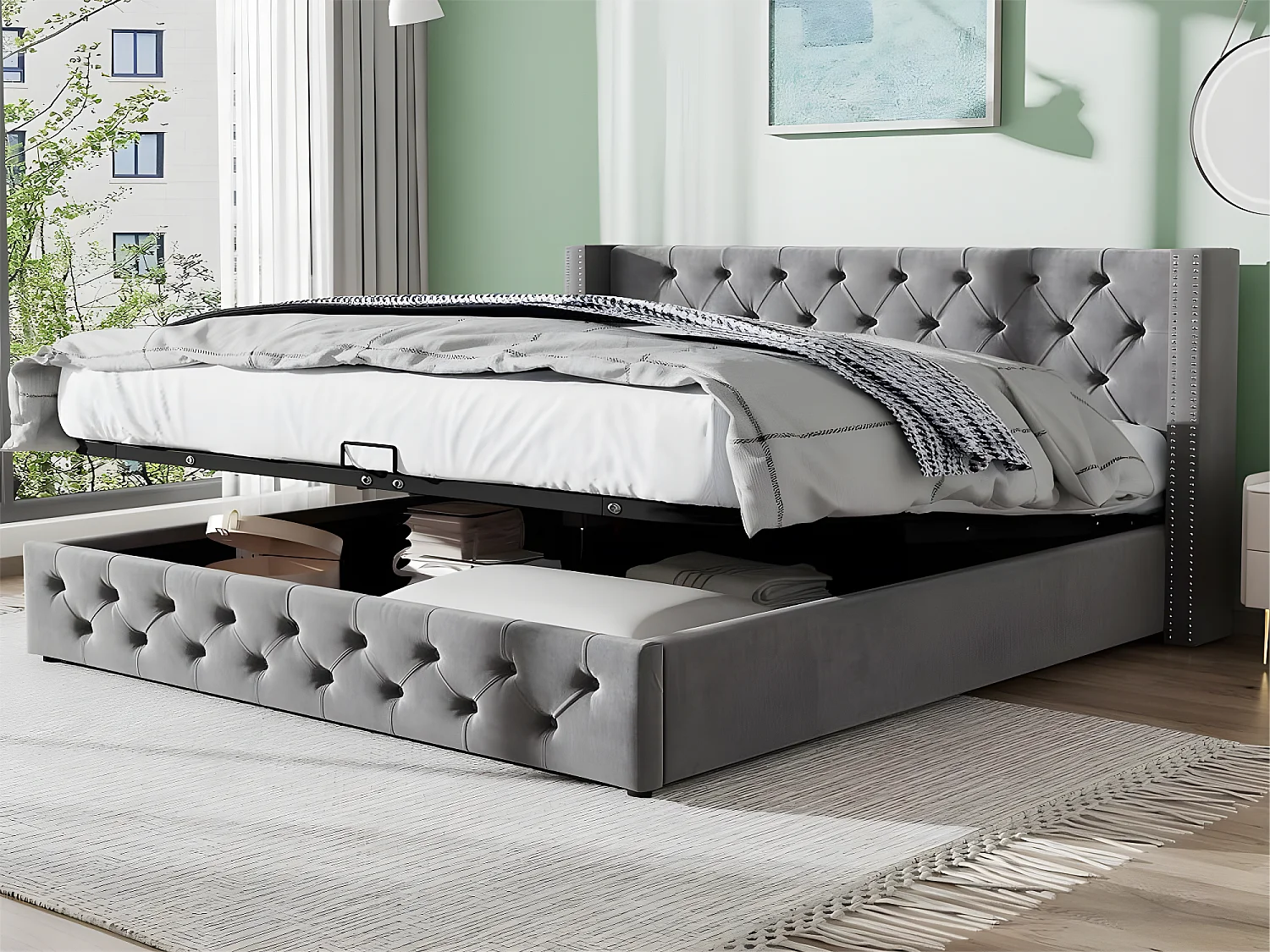 Opbergbed - 140 x 200 cm - fluweel - lattenbodem - Scandinavische stijl - grijs