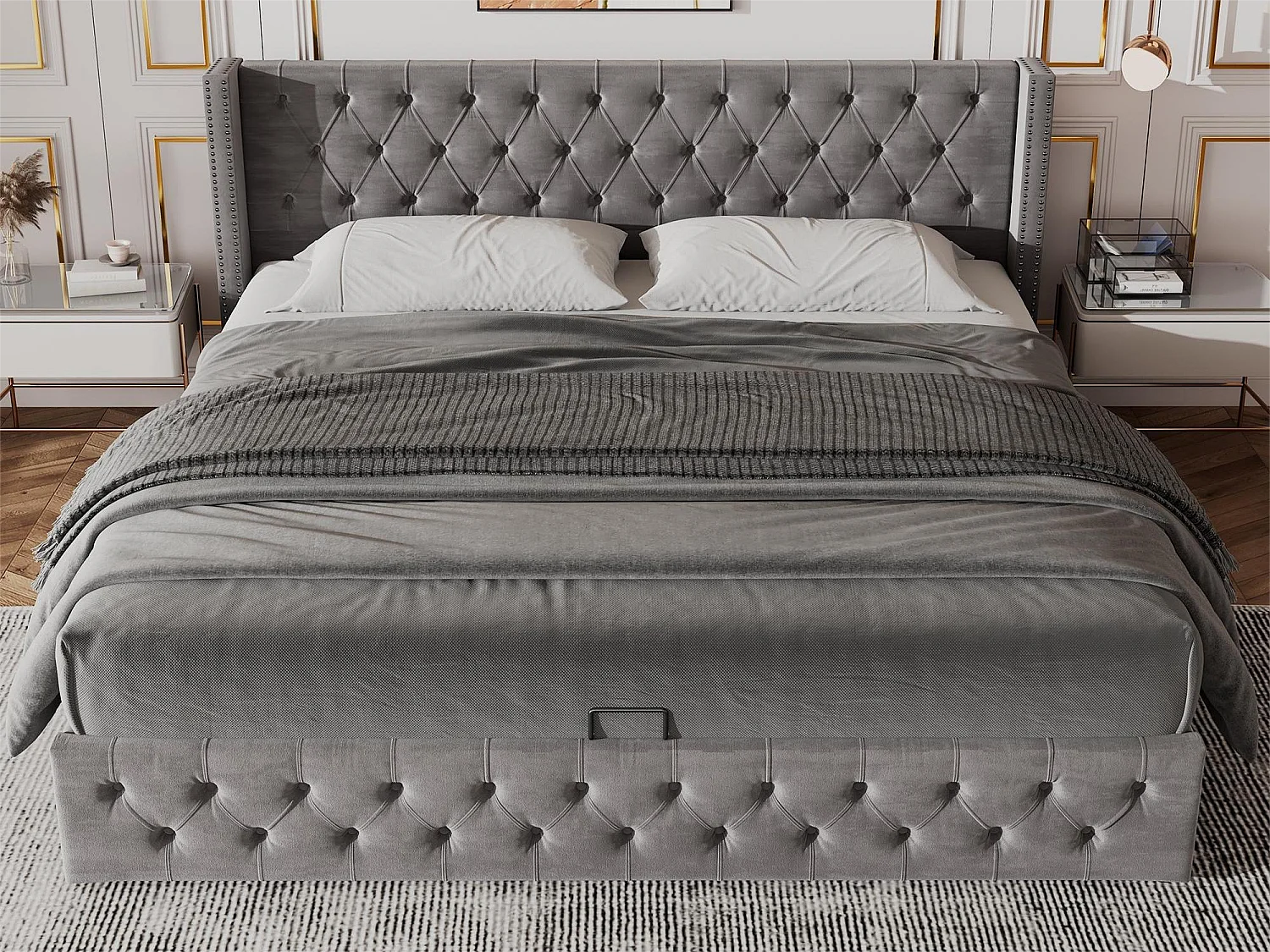 Opbergbed - 140 x 200 cm - fluweel - lattenbodem - Scandinavische stijl - grijs