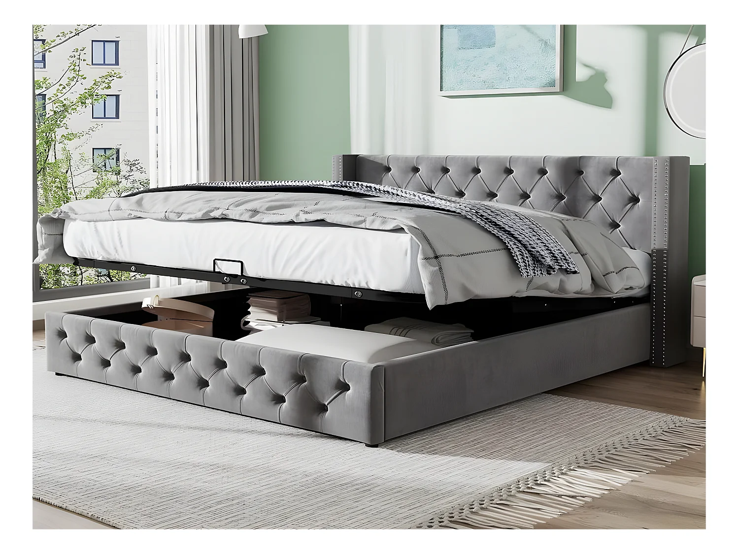 Opbergbed - 140 x 200 cm - fluweel - lattenbodem - Scandinavische stijl - grijs