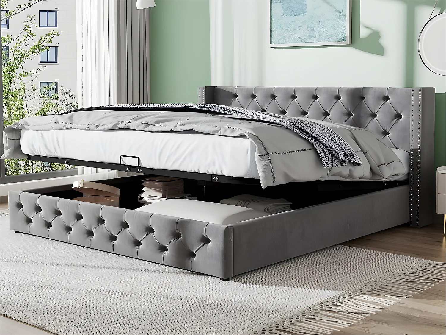 Letto contenitore - 140 x 200 cm - velluto - rete a doghe - stile scandinavo - grigio