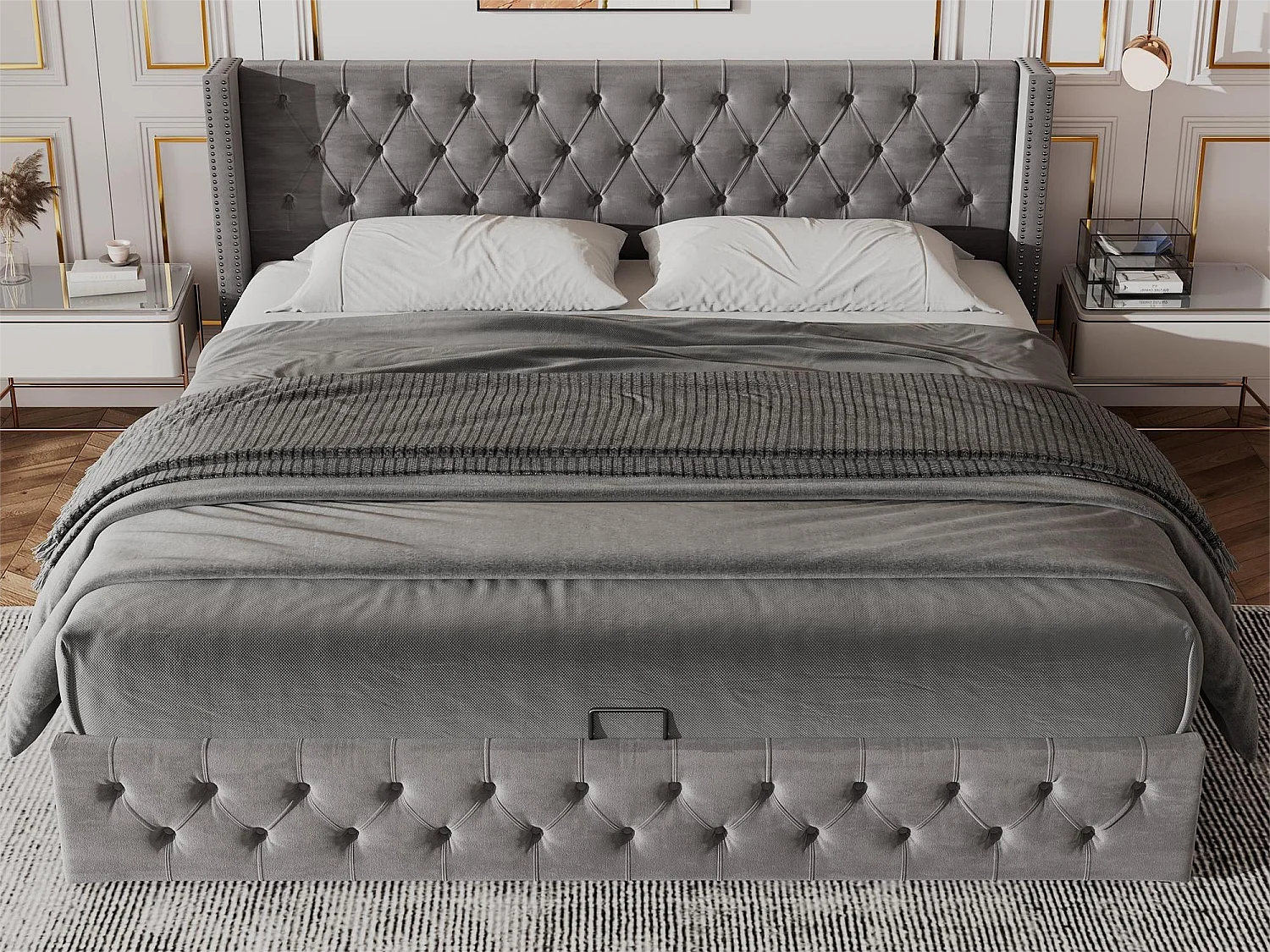 Letto contenitore - 140 x 200 cm - velluto - rete a doghe - stile scandinavo - grigio