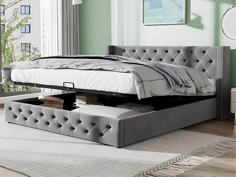 Lit coffre avec rangement - 140 x 200 cm - velours - sommier à lattes - style scandinave - coloris gris