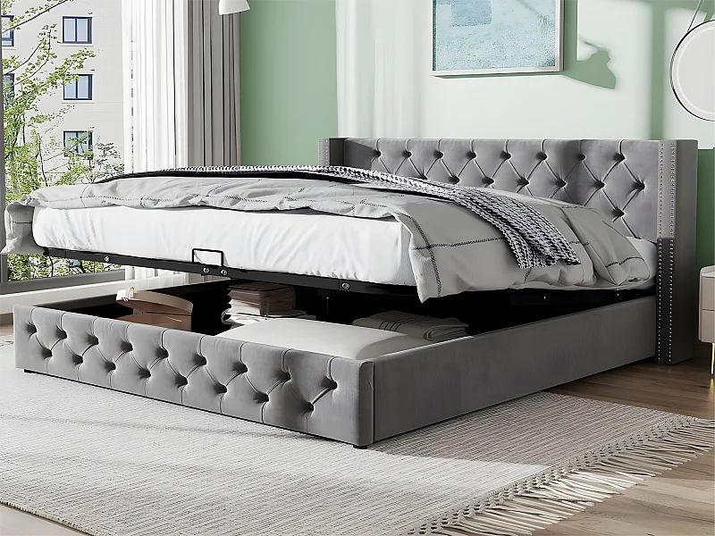 Letto contenitore - 140 x 200 cm - velluto - rete a doghe - stile scandinavo - grigio