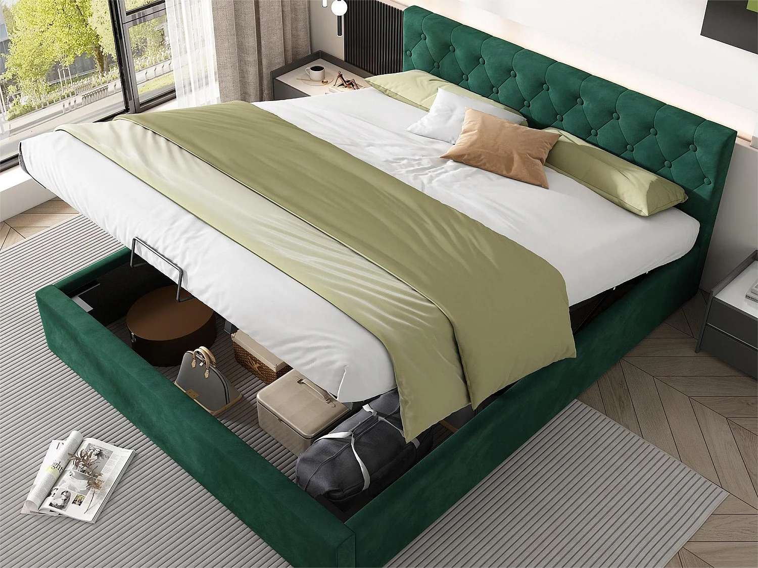 Lit coffre 140 x 200 cm avec rangement - velours - sommier à lattes - coloris vert rétro