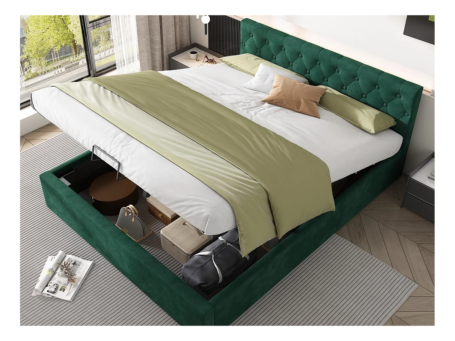 Lit coffre 140 x 200 cm avec rangement - velours - sommier à lattes - coloris vert rétro