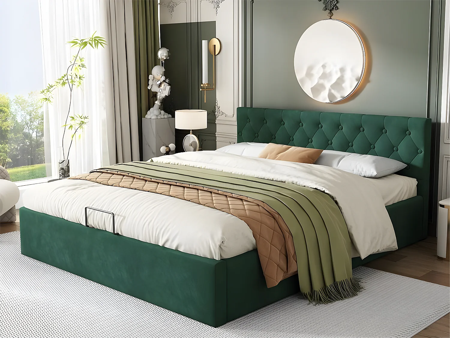 Lit coffre 140 x 200 cm avec rangement - velours - sommier à lattes - coloris vert rétro