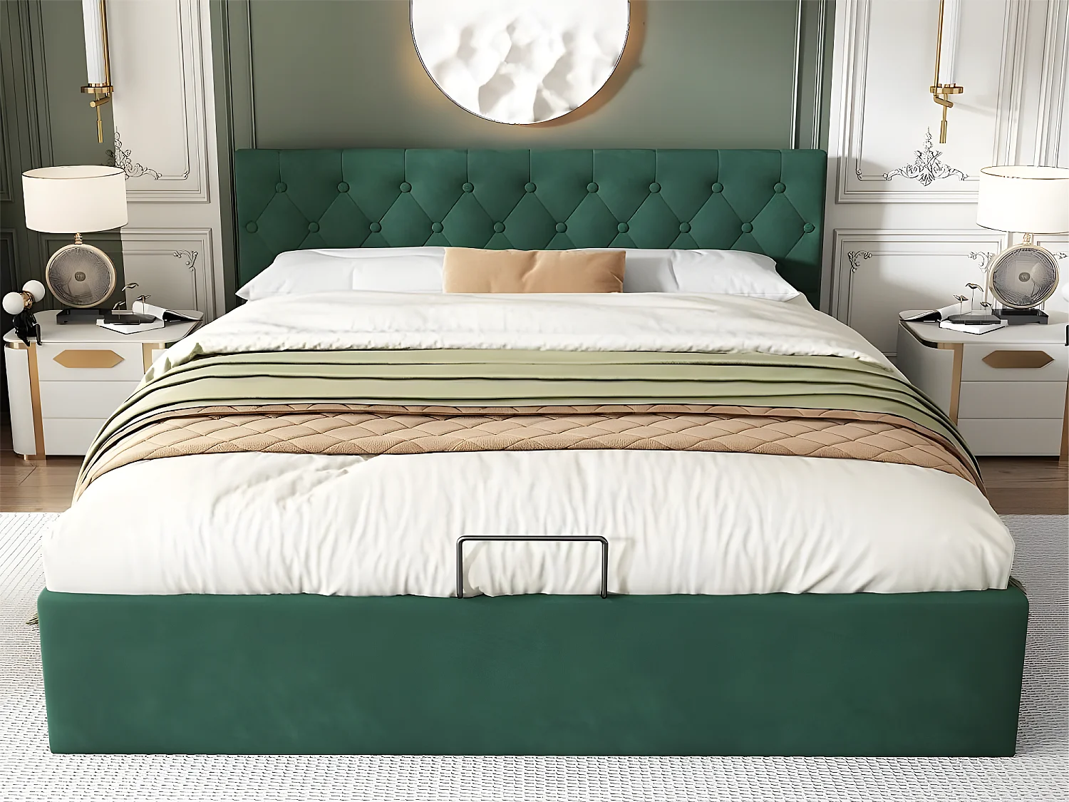 Lit coffre 140 x 200 cm avec rangement - velours - sommier à lattes - coloris vert rétro