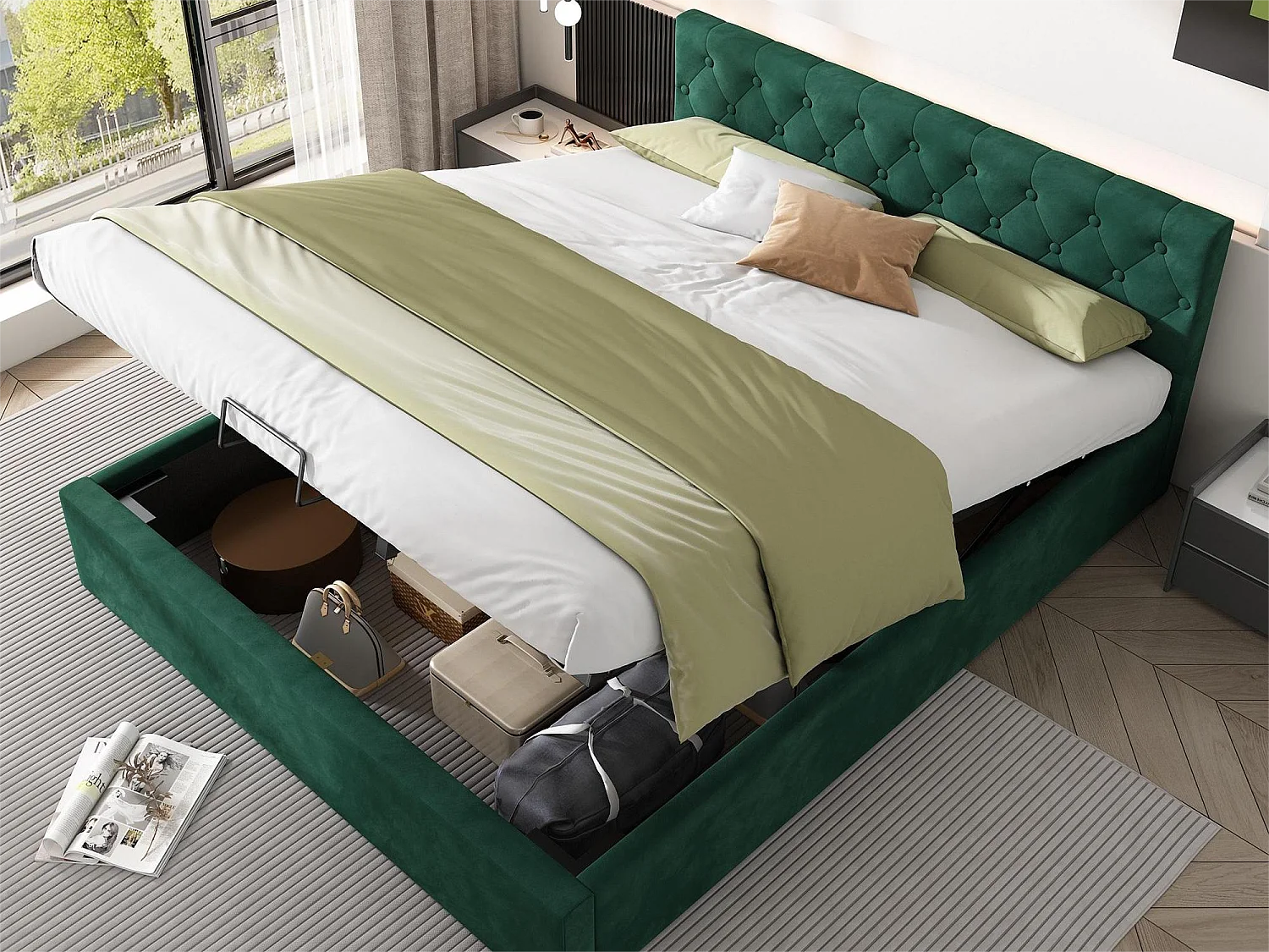 Lit coffre 140 x 200 cm avec rangement - velours - sommier à lattes - coloris vert rétro