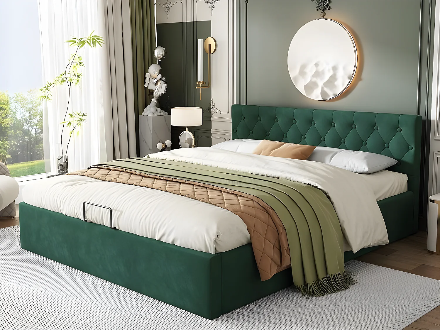 Lit coffre 140 x 200 cm avec rangement - velours - sommier à lattes - coloris vert rétro