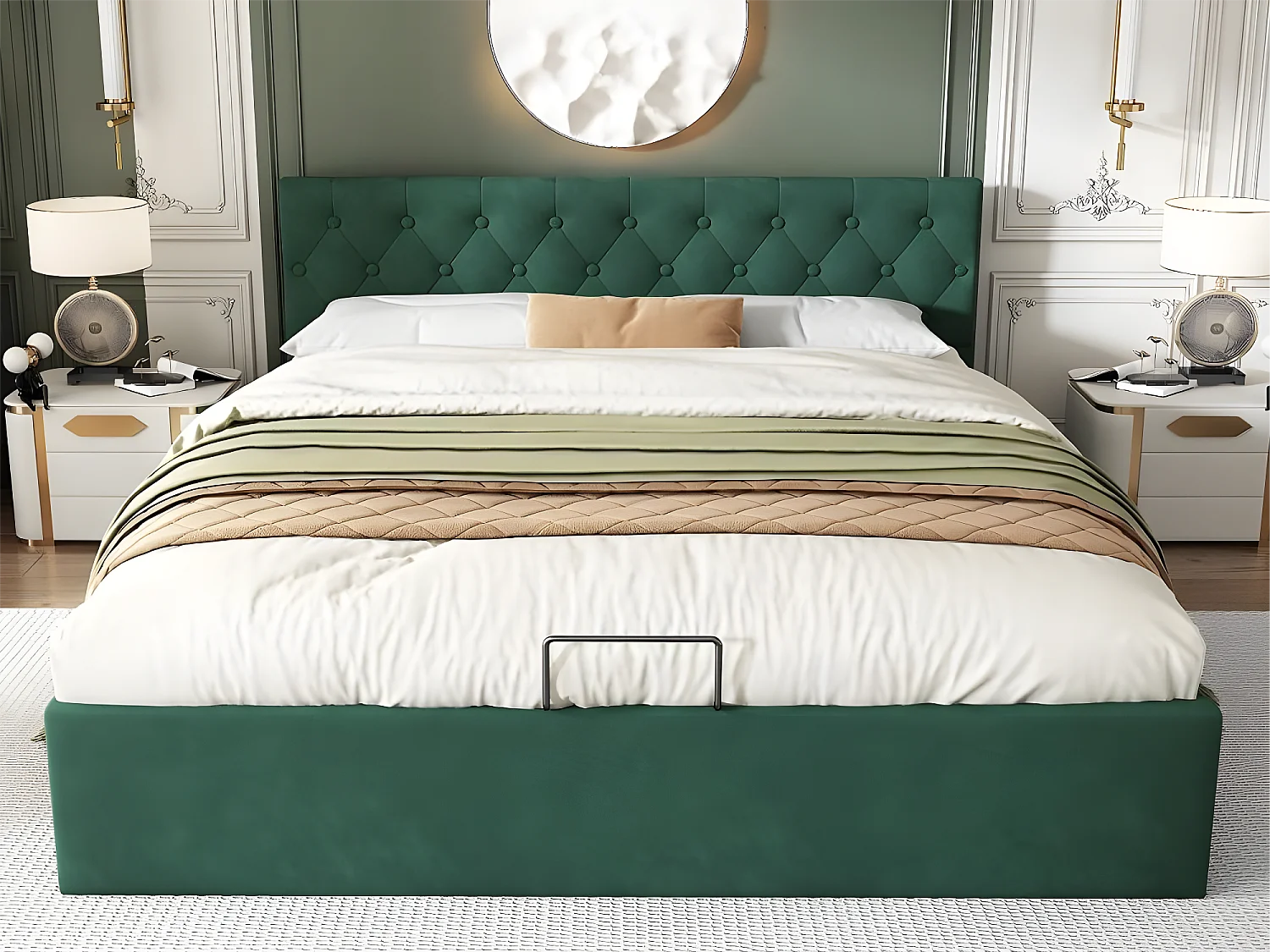 Lit coffre 140 x 200 cm avec rangement - velours - sommier à lattes - coloris vert rétro