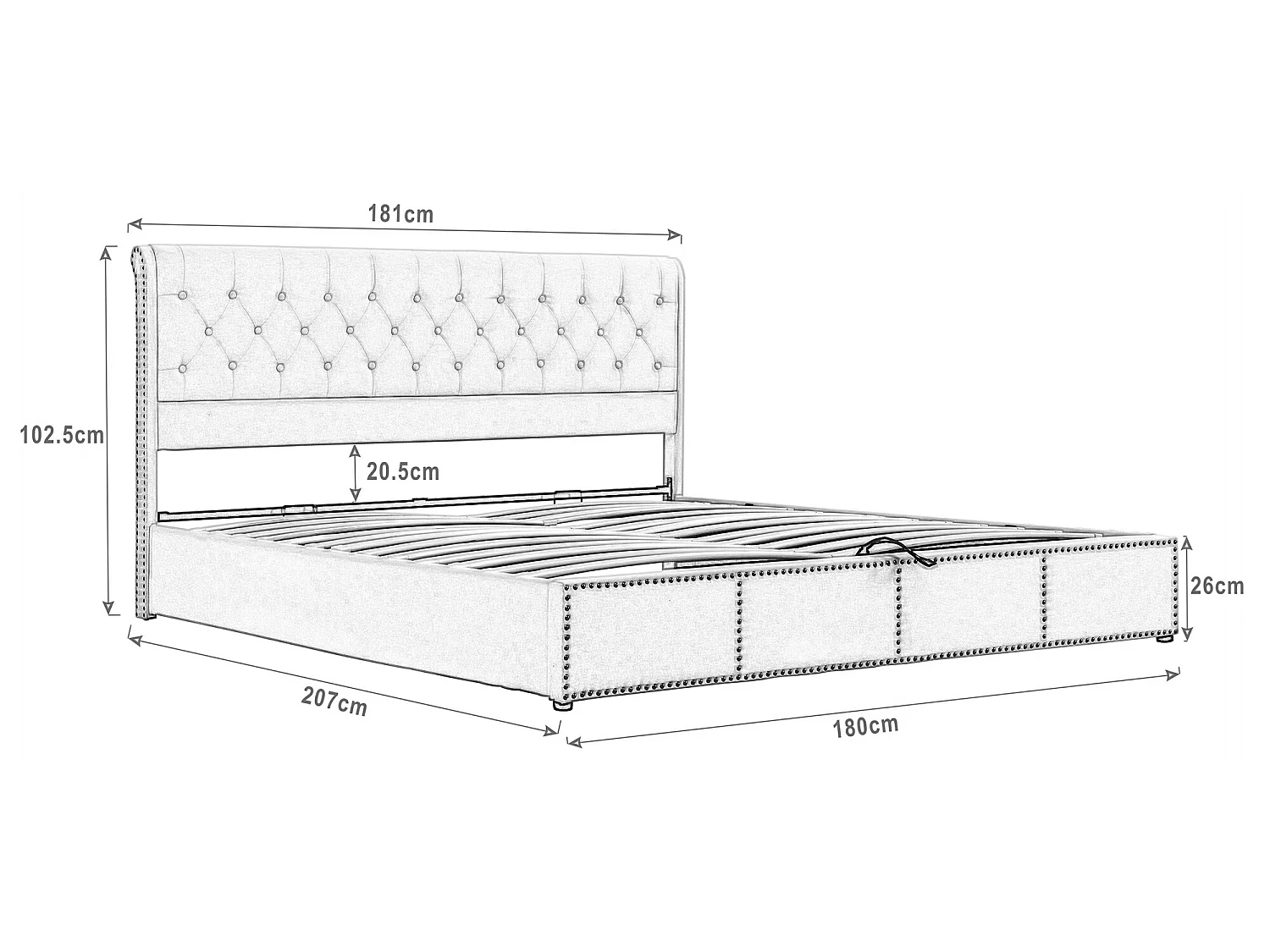 Opbergbed 180 x 200 cm met hoofdbord - stof - lattenbodem - kleur grijs