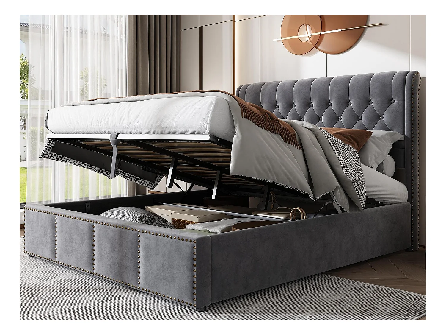 Lit coffre 180 x 200 cm avec tête de lit - tissu - sommier à lattes - coloris gris
