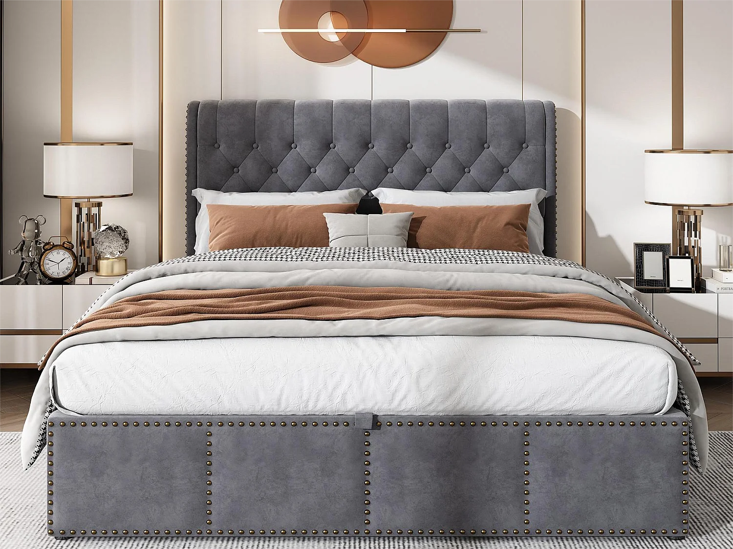 Cama de arrumação 180 x 200 cm com cabeceira - tecido - base de ripas - cor cinza