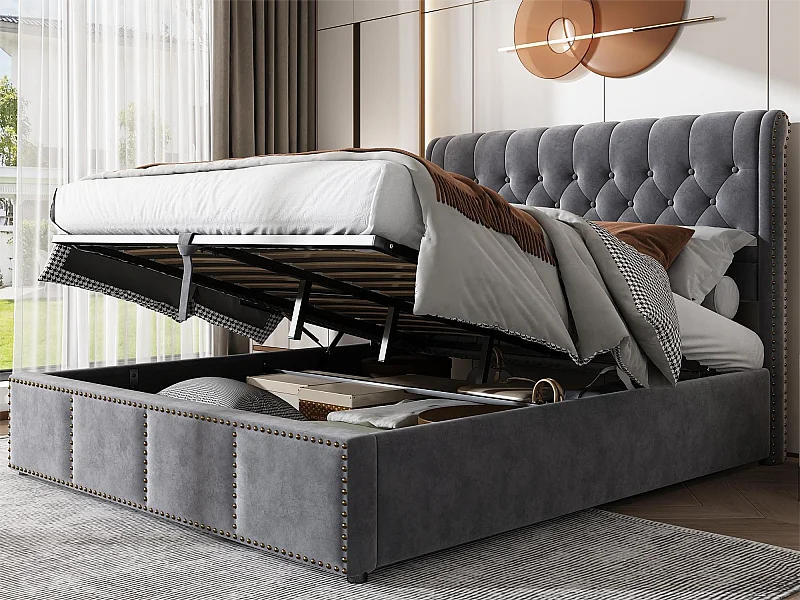 Lit coffre 180 x 200 cm avec tête de lit - tissu - sommier à lattes - coloris gris