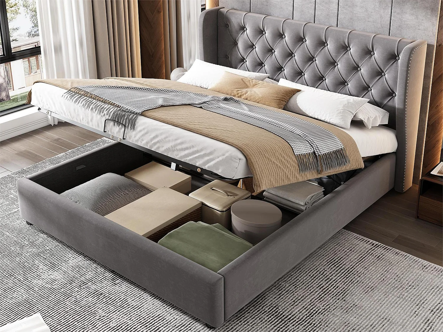 Stauraumbett mit Kopfteil – 140 x 200 cm – Samt – Lattenrost – Grau