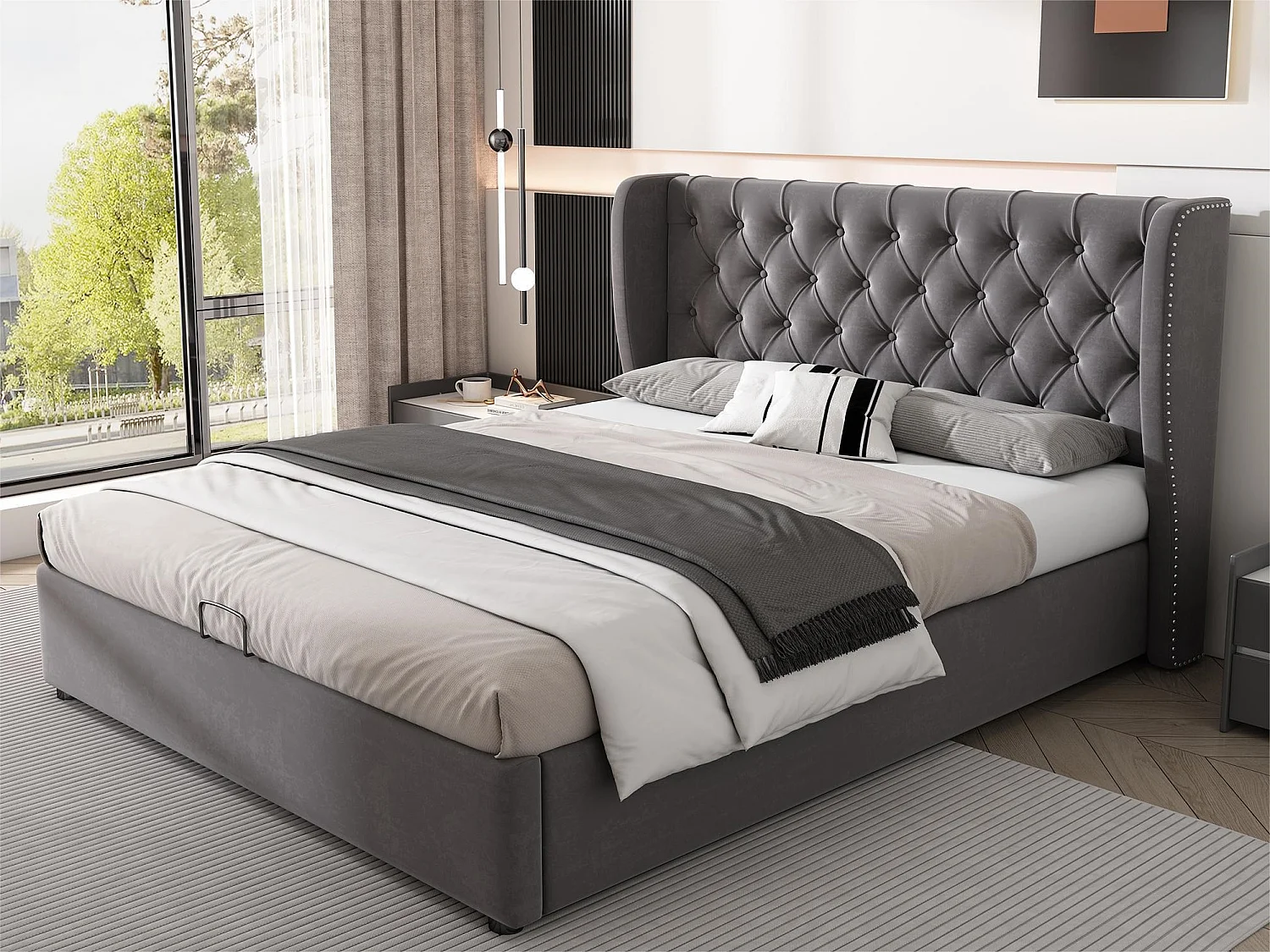 Stauraumbett mit Kopfteil – 140 x 200 cm – Samt – Lattenrost – Grau