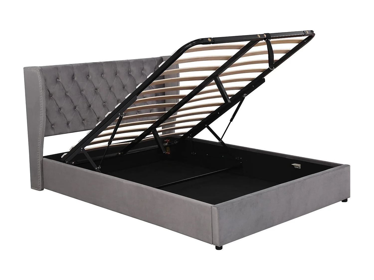Łóżko ze schowkiem i zagłówkiem - 140 x 200 cm - aksamit - stelaż listwowy - szare