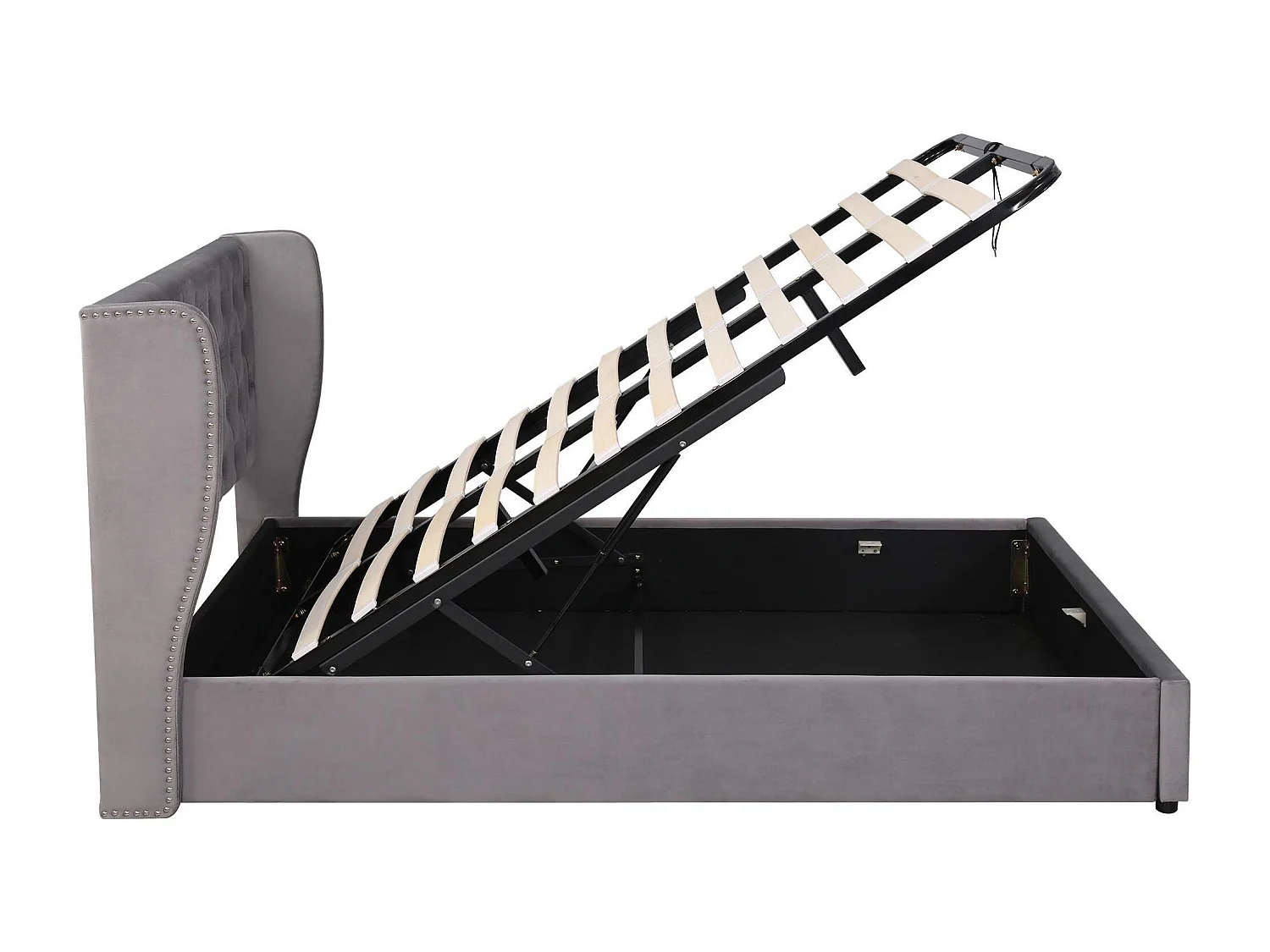 Łóżko ze schowkiem i zagłówkiem - 140 x 200 cm - aksamit - stelaż listwowy - szare